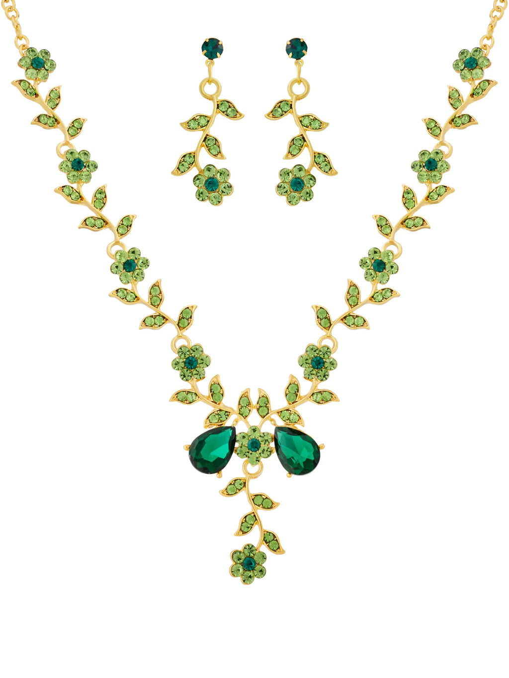 Jewelry Set - Flower Leaf Rhinestone Necklace and Earrings Set