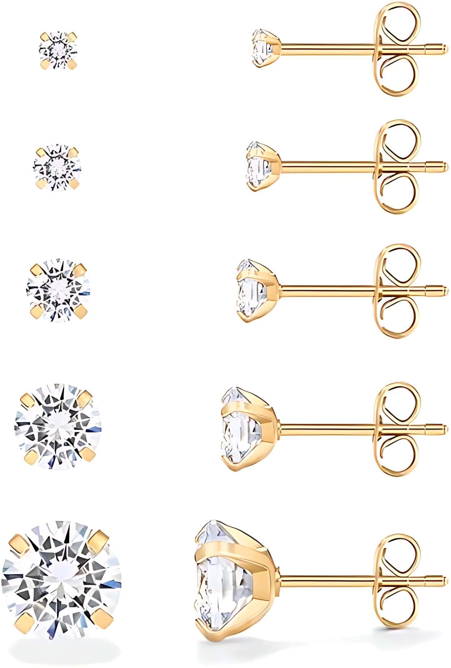 5 Pairs 14K Gold Stud Earrings Set