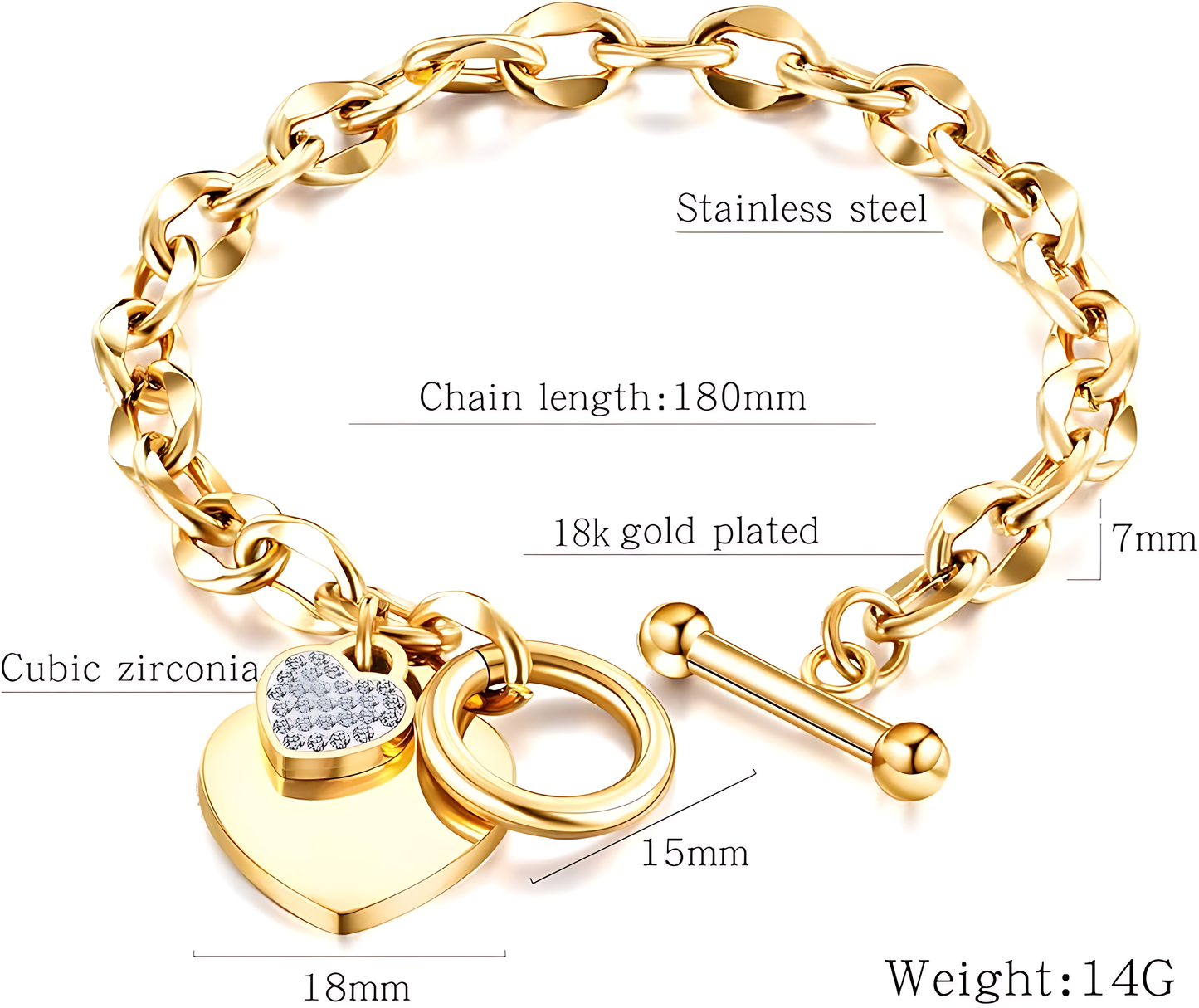 18K Gold Love Heart Charm Bracelet