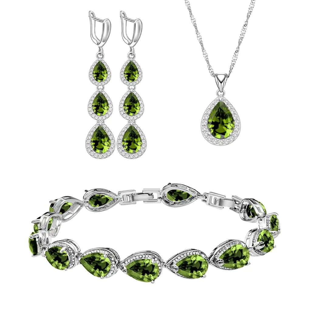 Teardrop Olive Green Cubic Zirconia Jewelry Set