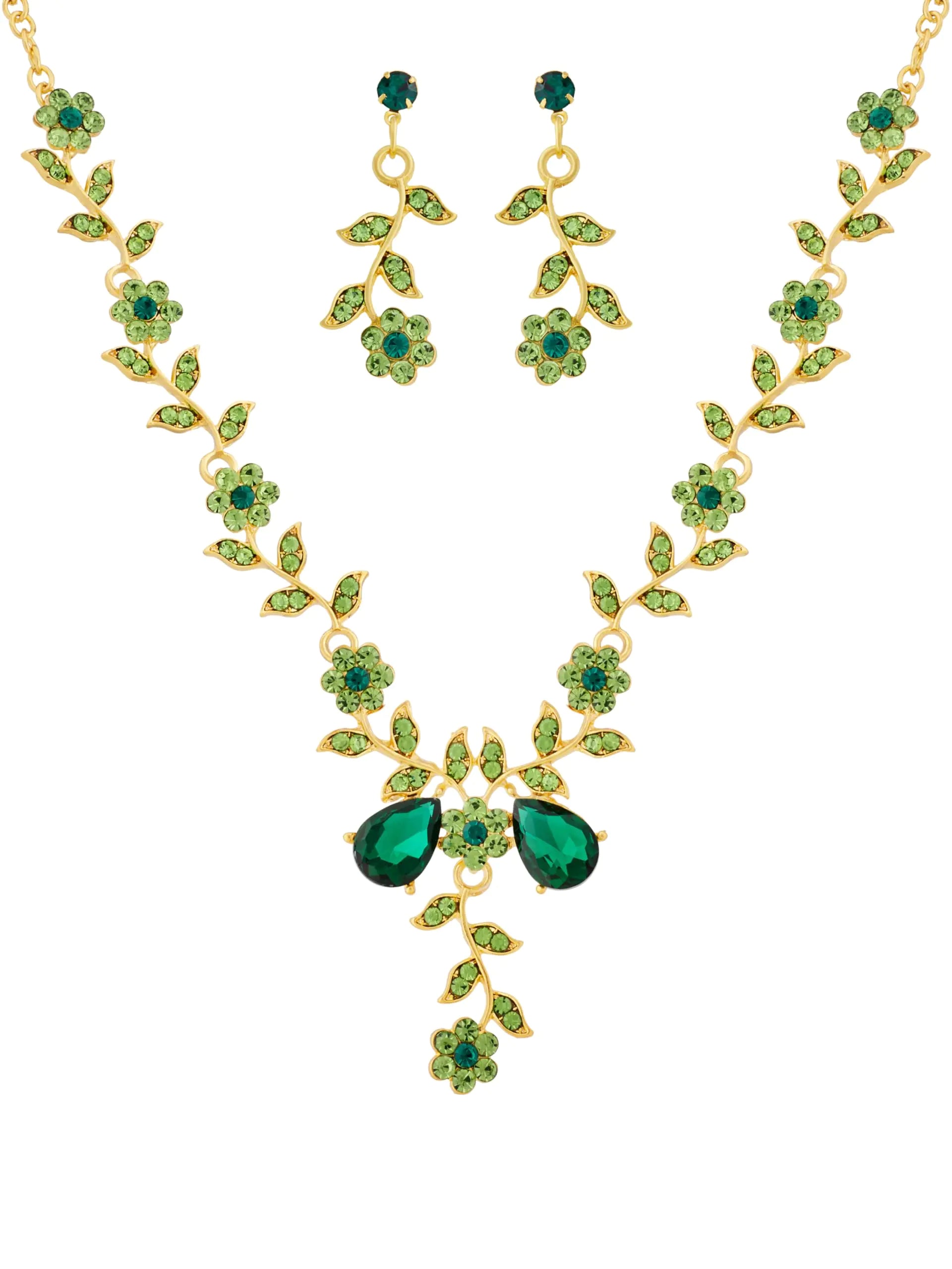 Jewelry Set - Flower Leaf Rhinestone Necklace and Earrings Set