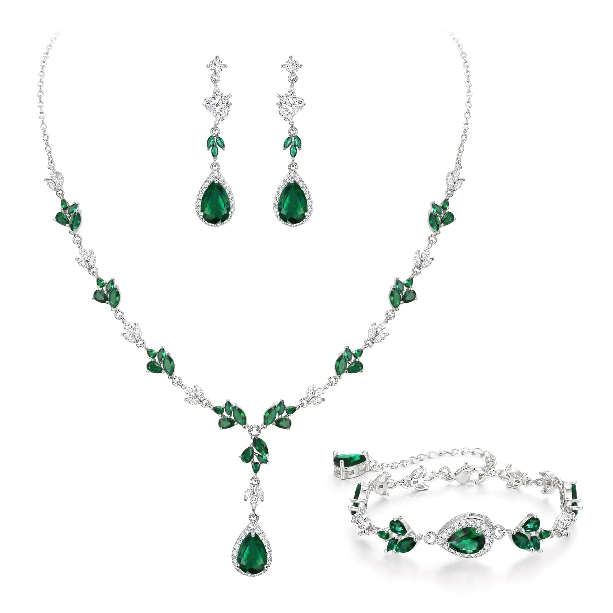 Jewelry Set - Teardrop Cubic Zirconia Bride Necklace Dangle Earrings Bracelet Set Emerald Green Silver